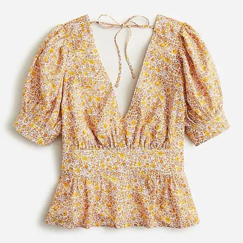J.Crew Puff Sleeve V-Neck Floral Scattered Blooms Top Size 10
